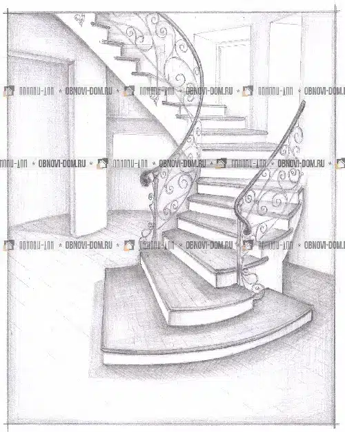 Эскиз бетонной лестницы с ковкой
